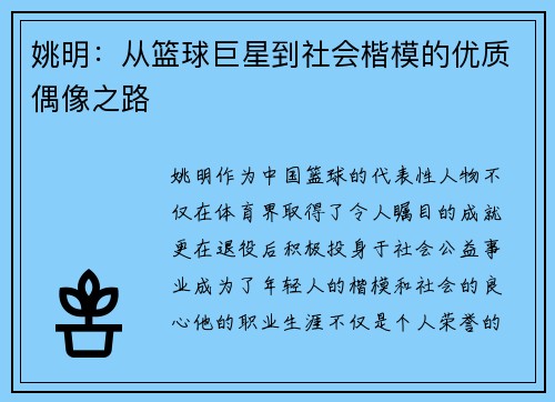 姚明：从篮球巨星到社会楷模的优质偶像之路